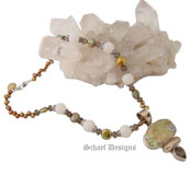 White Crab Agate, Coin & Dancing Pearl, & Smokey Topaz Necklace with Mother of Pearl Pendant